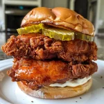 Close-up of a juicy Nashville Hot Chicken Sandwich on a brioche bun with pickles.