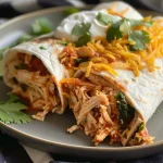Close-up of a juicy seven layer chicken burrito on a plate, highlighting layers of chicken, beans, and cheese.