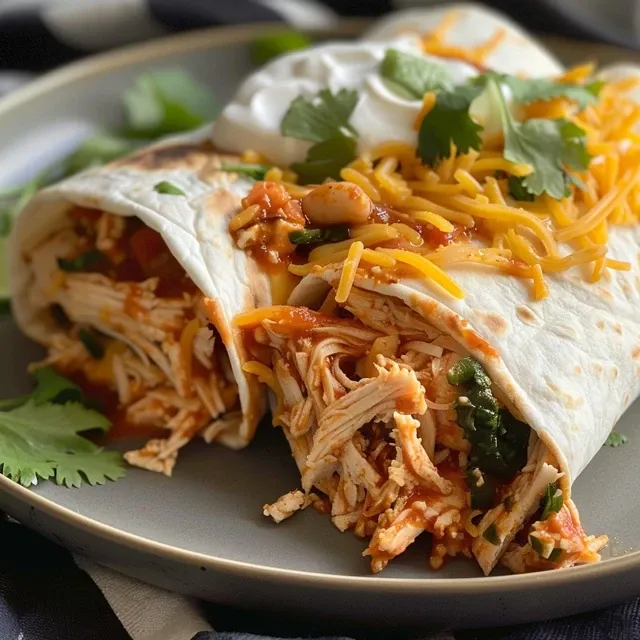 The Seven Layer Chicken Burritos That Turn Dinner into a Family Fiesta Close-up of a juicy seven layer chicken burrito on a plate, highlighting layers of chicken, beans, and cheese.