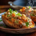Close-up view of savory chicken pot pie stuffed sweet potatoes with colorful vegetables.