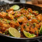 Golden-brown chicken thighs glazed with sweet chili sauce, garnished with cilantro and lime wedges.