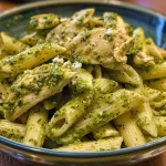 Close-up of creamy pesto chicken pasta with tender chicken pieces and a rich sauce.