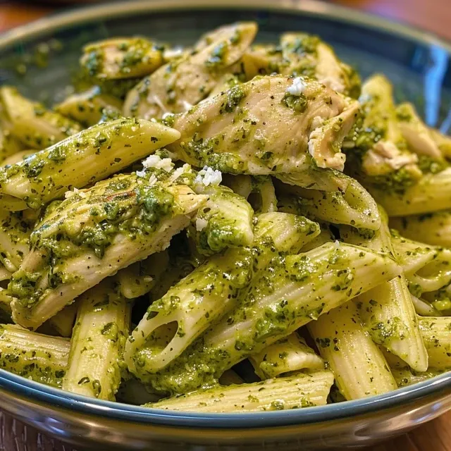 The Creamy Pesto Chicken Pasta That Whispers Comfort Close-up of creamy pesto chicken pasta with tender chicken pieces and a rich sauce.