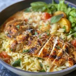 Close-up view of creamy Chicken Caesar pasta salad with rotini, chicken, and croutons.