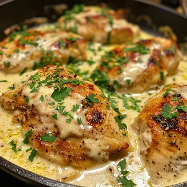 A Hearty Creamy Lemon Garlic Chicken Skillet That Whispers Comfort A close-up side view of creamy lemon garlic chicken in a skillet, showcasing juicy chicken breasts glazed in a rich sauce.