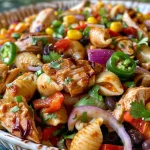 Close-up view of BBQ chicken pasta salad with colorful vegetables.