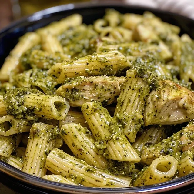 The Cozy Pesto Chicken Pasta That Whispers of Family Dinners Close-up of juicy slow cooker pesto chicken pasta on a white plate.