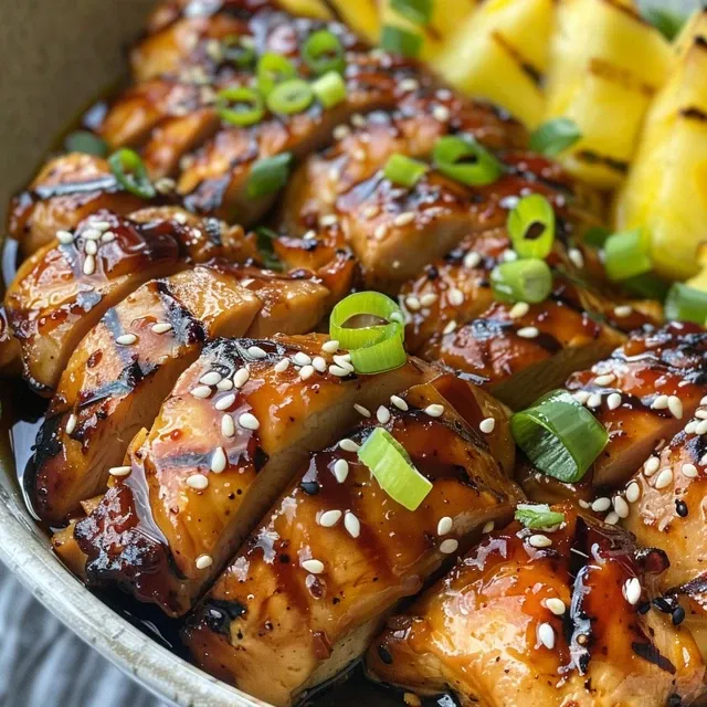 A Taste of Aloha: Grilled Teriyaki Chicken That Takes You to the Islands Juicy grilled teriyaki chicken thighs with a glaze, pineapple slices, and garnish.