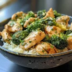 Close-up of Creamy Garlic Keto Chicken and Broccoli Bowl with chicken, broccoli, and creamy sauce.