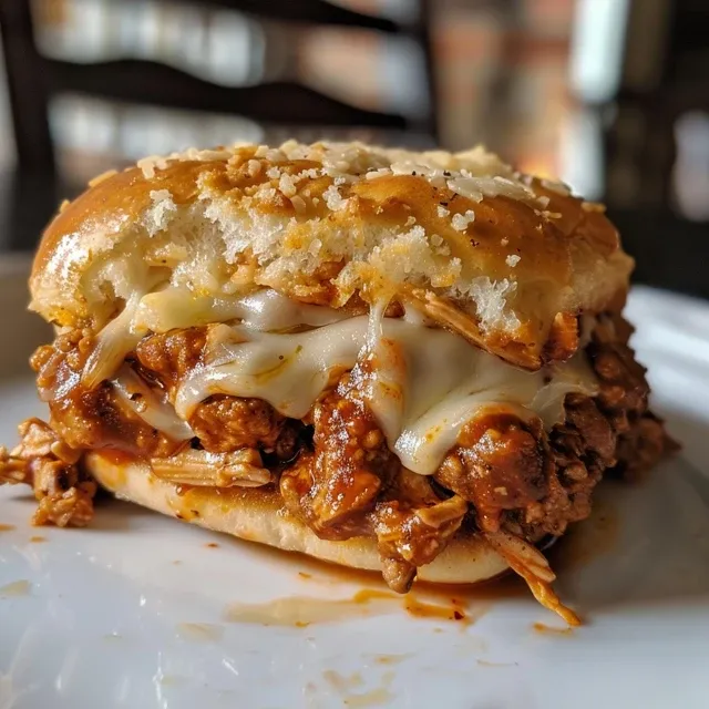 Savoring the Flavor: Chicken Parmesan Sloppy Joes That Feel Like Home Close-up view of a juicy Chicken Parmesan Sloppy Joe on a bun, garnished with melted cheese and sauce.