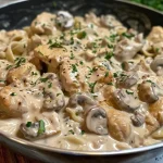 A close-up view of a creamy chicken stroganoff with mushrooms and herbs.