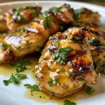 Juicy grilled honey mustard chicken breast with a golden glaze and garnished with parsley.
