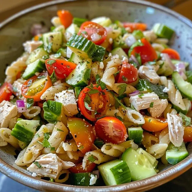 The Heartwarming Chicken Pasta Salad That Brings the Whole Family Together A close-up view of a colorful chicken pasta salad in a white bowl.