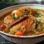 A close-up view of a bowl of crispy chicken and rice soup, highlighting the juicy chicken and vibrant vegetables.