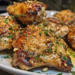 Close-up of juicy, crispy garlic butter chicken thighs on a plate with herbs.