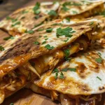Close-up view of charred BBQ chicken quesadillas filled with melted cheese and garnished with parsley.