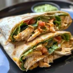 A close-up side view of a Healthy Chicken Crunch Wrap, showcasing its layers filled with chicken, lettuce, cheese, and sauces.