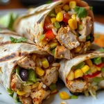 Close-up view of a Southwest Chicken Wrap filled with vibrant ingredients.