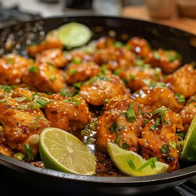 Close-up view of juicy Sweet Chili Lime Chicken garnished with lime slices.
