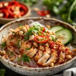 Close-up side view of Spicy Chicken Vermicelli with a vibrant cucumber salad.