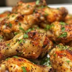 Close-up of juicy garlic parmesan chicken wings garnished with parsley.