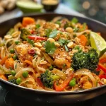 Close-up of a vibrant plate of Easy Thai Peanut Chicken with colorful vegetables.