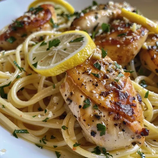 Juicy chicken breast slices on a bed of fettuccine, topped with lemon zest and garlic sauce.