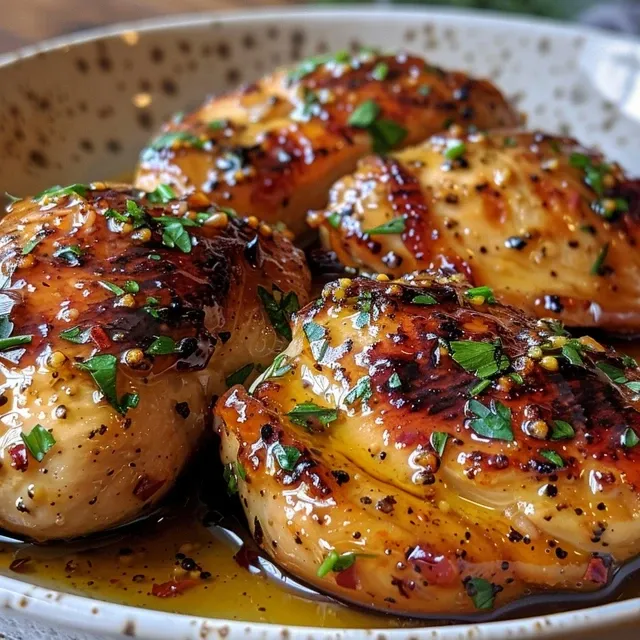Juicy chicken thighs marinating in a honey mustard sauce with herbs.