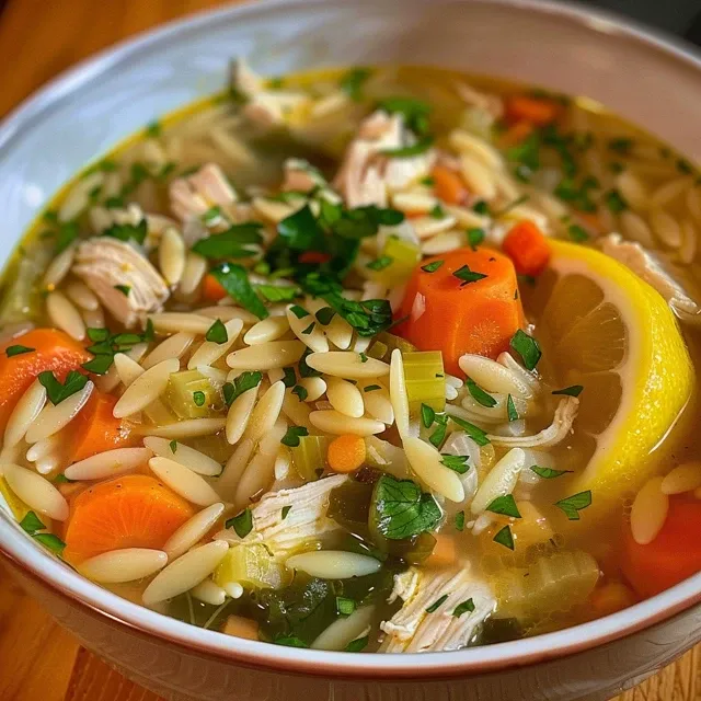 A side view of Lively Lemon Chicken Orzo Soup with ingredients like chicken, orzo, and vegetables visible.