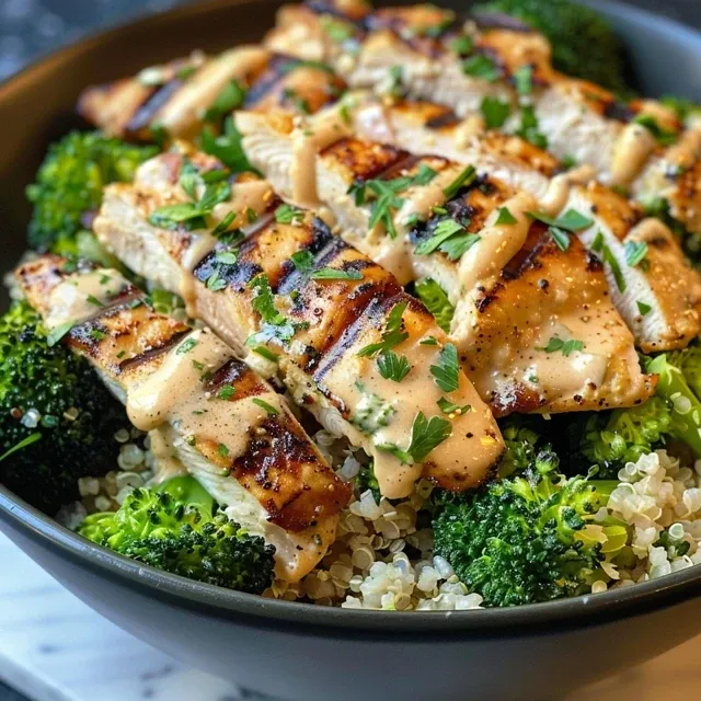Side view of a delicious bowl featuring grilled chicken, broccoli, and grains.