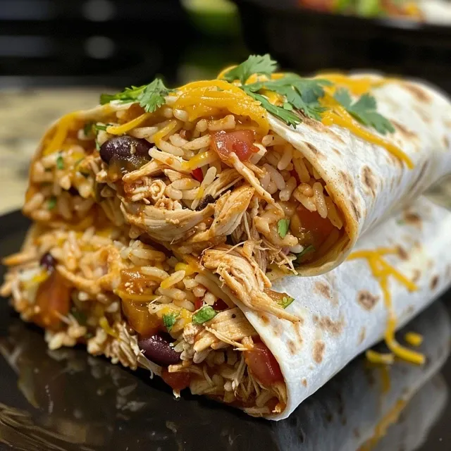 Side view of a delicious seven layer chicken burrito, showcasing fresh ingredients and melted cheese.