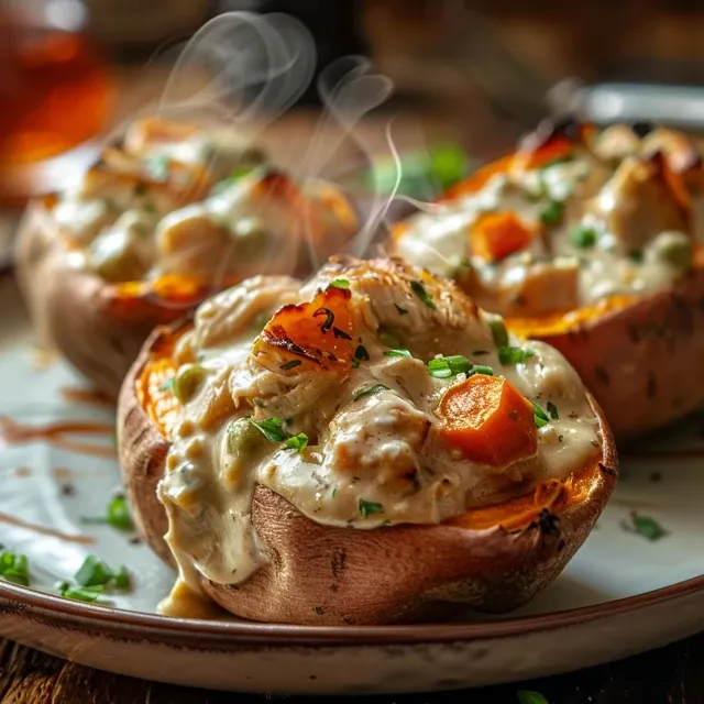 Side view of a roasted sweet potato filled with chicken and mixed vegetables, looking appetizing.
