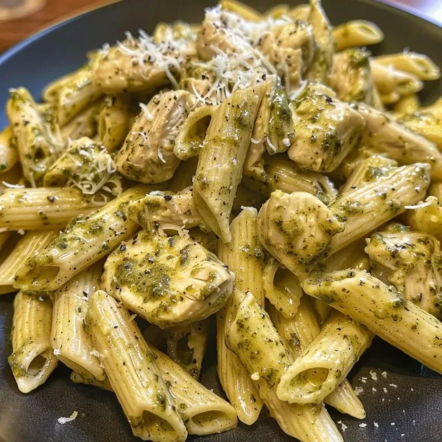 A side view of a bowl filled with creamy pesto pasta topped with grated Parmesan.