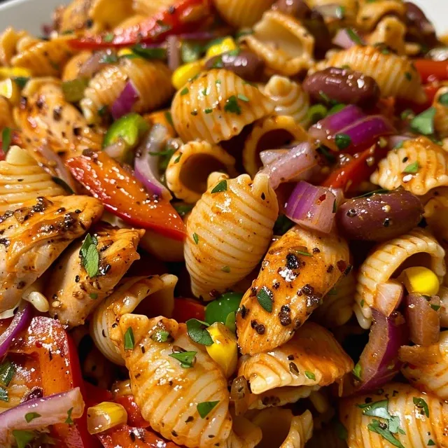 A vibrant bowl of BBQ chicken pasta salad featuring pasta and fresh ingredients.