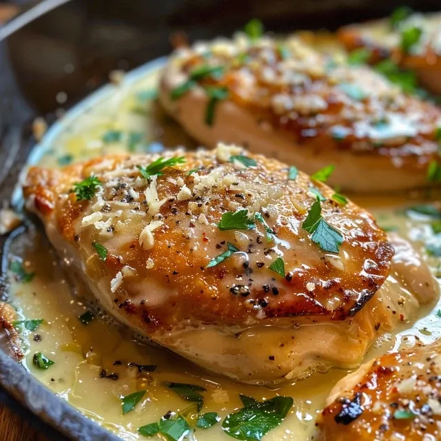 Juicy chicken breasts in a creamy sauce with lemon zest and parmesan, served in a skillet.