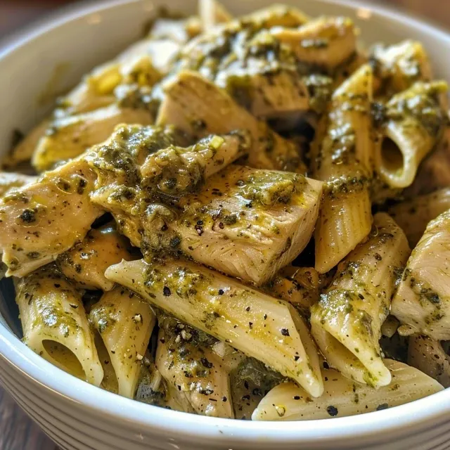 Side view of a vibrant bowl of pesto chicken pasta with chicken pieces and herbs.