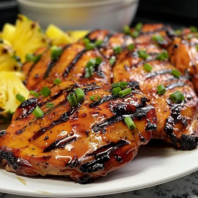 Close-up of Hawaiian teriyaki chicken, showcasing its glistening marinade and fresh pineapple.