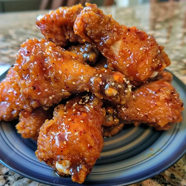Close-up view of crispy Korean fried chicken pieces with a glossy glaze.