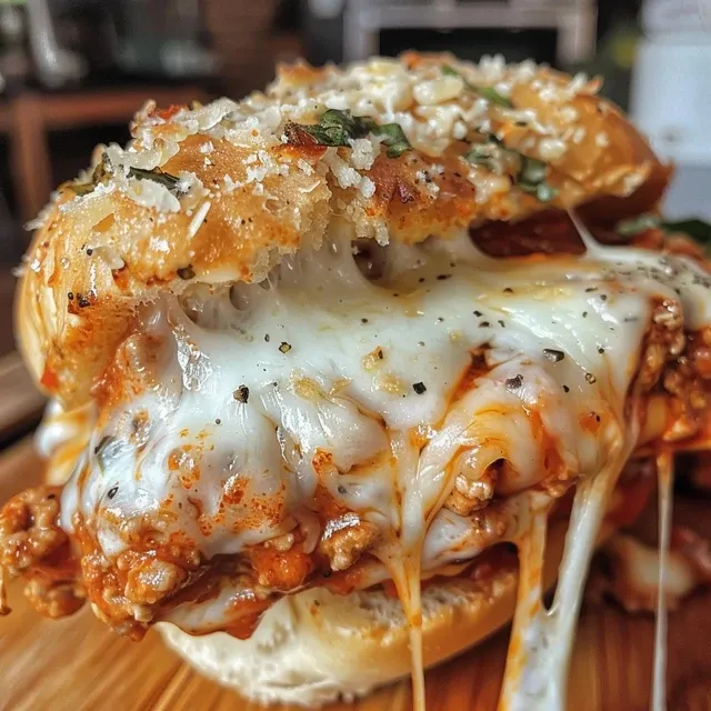 Side profile of a Chicken Parmesan Sloppy Joe, showcasing ground chicken and melted mozzarella on a toasted bun.