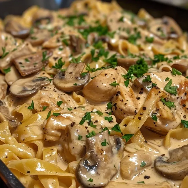 Juicy chicken pieces coated in a rich creamy sauce with mushrooms and onions.