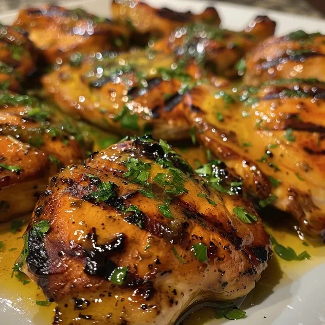 Close-up view of a succulent grilled chicken breast drizzled with honey mustard sauce.