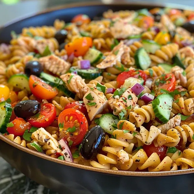 A vibrant chicken pasta salad featuring diced vegetables and creamy dressing.