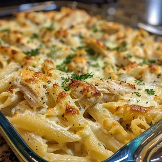 Side view of a baked chicken Alfredo casserole served in a white dish.