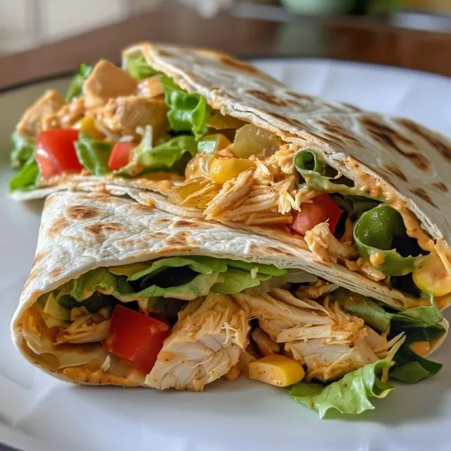 Juicy Healthy Chicken Crunch Wrap with visible ingredients, including shredded chicken, lettuce, and a crispy tortilla layer.