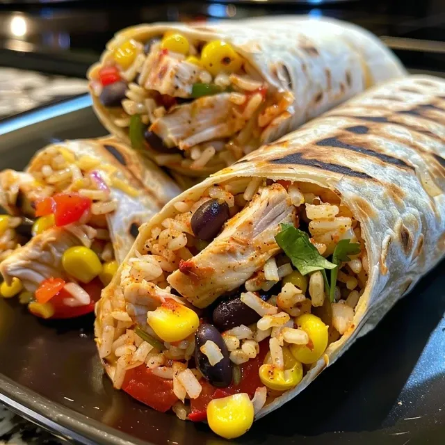 Side view of a juicy Southwest Chicken Wrap showcasing colorful fillings.