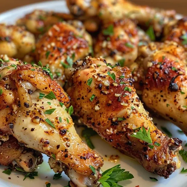 Golden-brown air fryer wings with melted butter and garlic, served in a bowl.