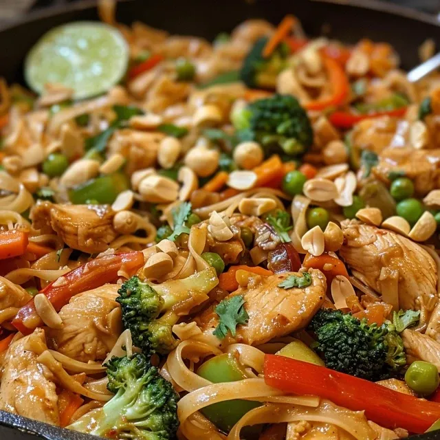 Side view of a delicious serving of Thai Peanut Chicken featuring chicken, bell peppers, and noodles.