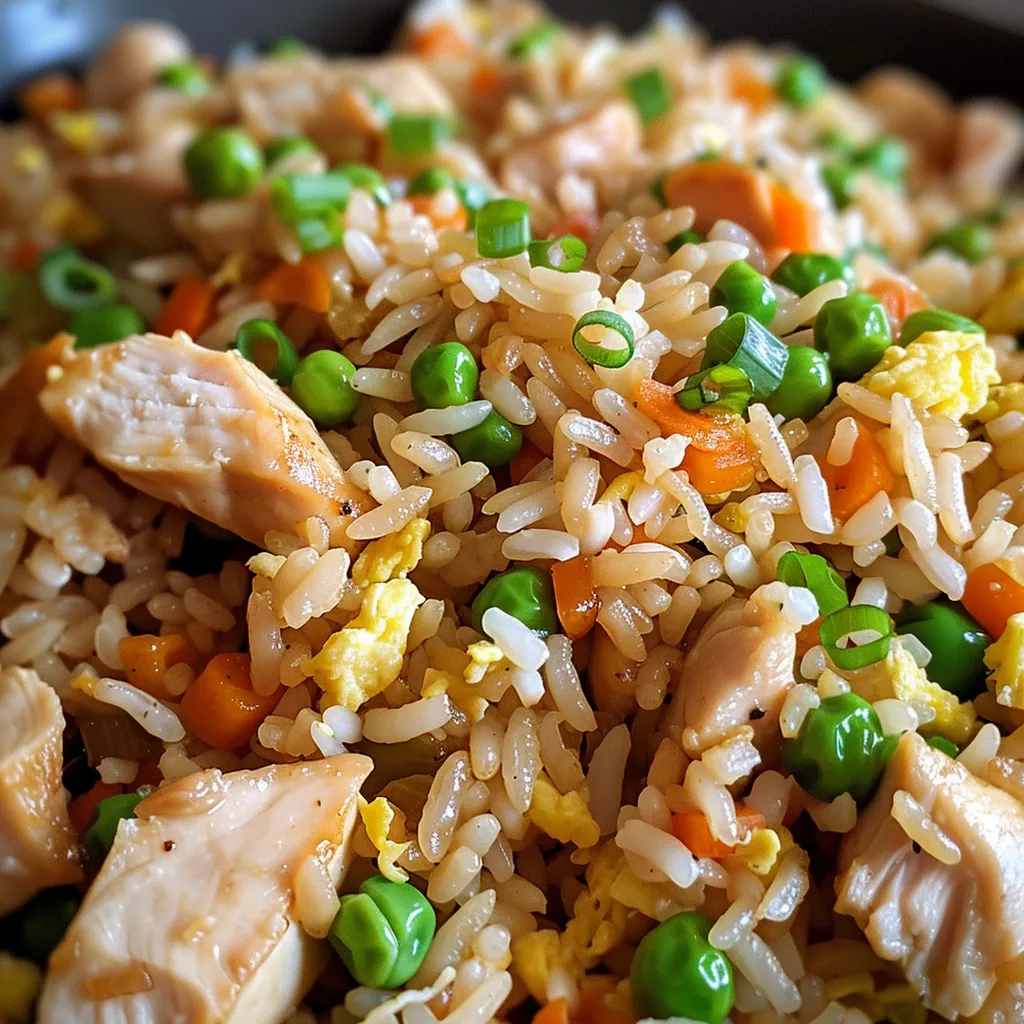 Side angle of a bowl of chicken fried rice, showcasing diced chicken and green onions.