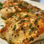 Close-up of a juicy baked ranch chicken breast with herbs and seasoning.