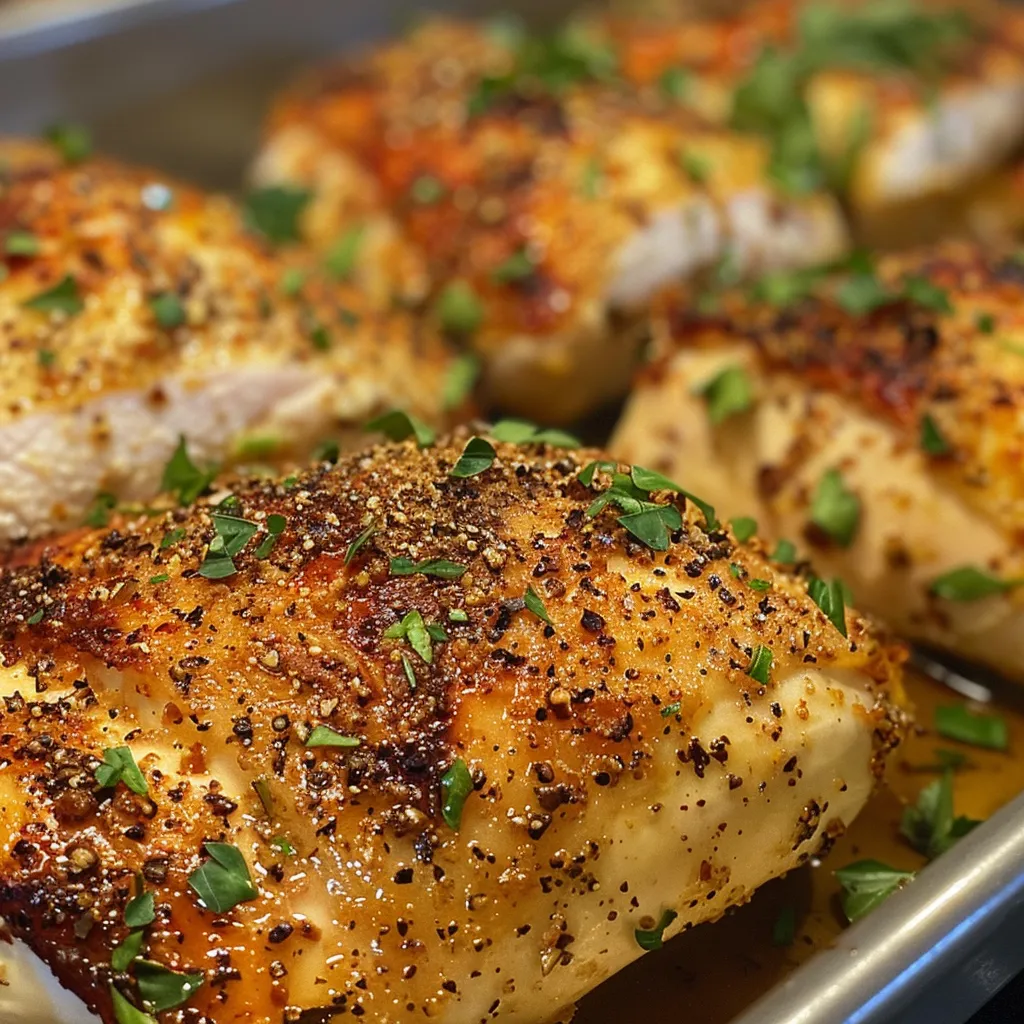 Side view of succulent baked ranch chicken breast garnished with parsley.